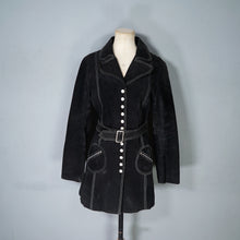 Load image into Gallery viewer, 90s does 60s MOD BLACK SUEDE LEATHER POPPER FASTENED COAT WITH SELF BELT