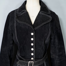 Load image into Gallery viewer, 90s does 60s MOD BLACK SUEDE LEATHER POPPER FASTENED COAT WITH SELF BELT