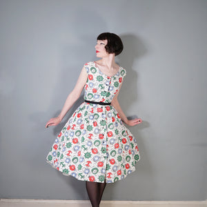 50s WAFFLE COTTON NAUTICAL ANCHOR LANTERN AND COMPASS NOVELTY PRINT DRESS - S