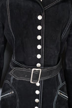 Load image into Gallery viewer, 90s does 60s MOD BLACK SUEDE LEATHER POPPER FASTENED COAT WITH SELF BELT