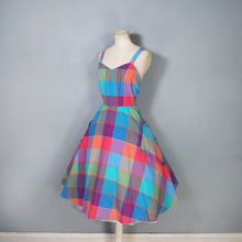 Load image into Gallery viewer, 80s DOES 50s COLOURFUL PLAID CHECK STRAPPY FULL SKIRTED DRESS - S