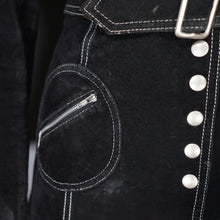 Load image into Gallery viewer, 90s does 60s MOD BLACK SUEDE LEATHER POPPER FASTENED COAT WITH SELF BELT