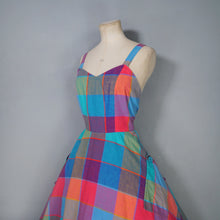 Load image into Gallery viewer, 80s DOES 50s COLOURFUL PLAID CHECK STRAPPY FULL SKIRTED DRESS - S