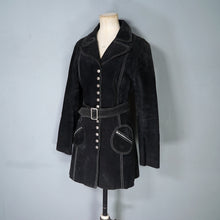 Load image into Gallery viewer, 90s does 60s MOD BLACK SUEDE LEATHER POPPER FASTENED COAT WITH SELF BELT