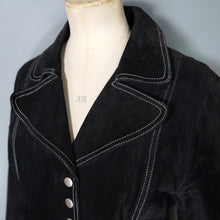 Load image into Gallery viewer, 90s does 60s MOD BLACK SUEDE LEATHER POPPER FASTENED COAT WITH SELF BELT