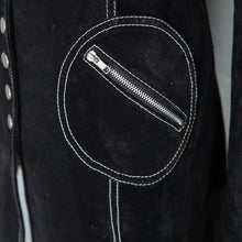Load image into Gallery viewer, 90s does 60s MOD BLACK SUEDE LEATHER POPPER FASTENED COAT WITH SELF BELT