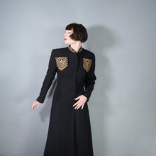 Load image into Gallery viewer, 30s 40s LONG BLACK WOOL COAT WITH GOLD MILITARY STYLE POCKETS AND COLLAR - S-M