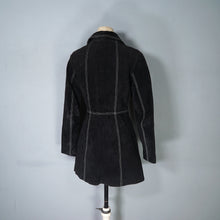 Load image into Gallery viewer, 90s does 60s MOD BLACK SUEDE LEATHER POPPER FASTENED COAT WITH SELF BELT