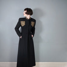 Load image into Gallery viewer, 30s 40s LONG BLACK WOOL COAT WITH GOLD MILITARY STYLE POCKETS AND COLLAR - S-M