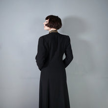 Load image into Gallery viewer, 30s 40s LONG BLACK WOOL COAT WITH GOLD MILITARY STYLE POCKETS AND COLLAR - S-M