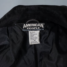 Load image into Gallery viewer, 90s does 60s MOD BLACK SUEDE LEATHER POPPER FASTENED COAT WITH SELF BELT