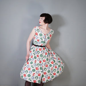 50s WAFFLE COTTON NAUTICAL ANCHOR LANTERN AND COMPASS NOVELTY PRINT DRESS - S