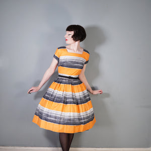 ORANGE AND GREY STRIPED 50s COTTON DAY DRESS - XS