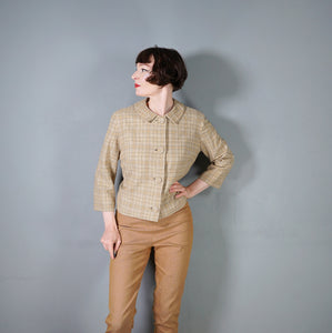 60s PENDLETON SHORT BROWN BEIGE AND GREY PLAID WOOL SWING JACKET - L