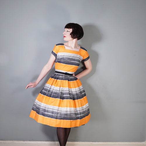 ORANGE AND GREY STRIPED 50s COTTON DAY DRESS - XS