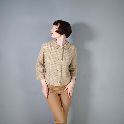 60s PENDLETON SHORT BROWN BEIGE AND GREY PLAID WOOL SWING JACKET - L
