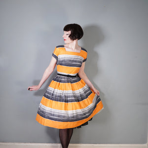 ORANGE AND GREY STRIPED 50s COTTON DAY DRESS - XS