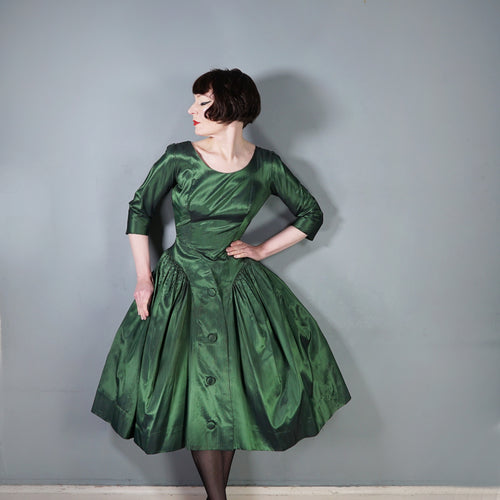 50s SHIMMERING METALLIC EMERALD GREEN MELBRAY FULL SKIRTED PARTY DRESS - S