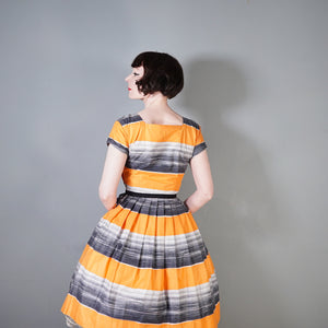 ORANGE AND GREY STRIPED 50s COTTON DAY DRESS - XS