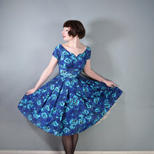 Load image into Gallery viewer, 50s 60s HANDMADE DARK BLUE AND TURQUOISE FLORAL PRINT FULL SKIRTED DRESS - XS-S