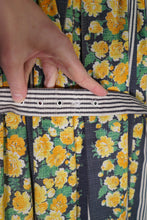 Load image into Gallery viewer, 60s HEAVY COTTON BLEND YELLOW FLORAL AND GREY STRIPE DAY DRESS - S