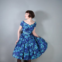 Load image into Gallery viewer, 50s 60s HANDMADE DARK BLUE AND TURQUOISE FLORAL PRINT FULL SKIRTED DRESS - XS-S