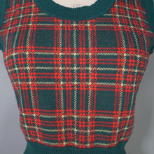 Load image into Gallery viewer, 70s GREEN AND RED FINE KNIT TARTAN TANK TOP / SLEEVELESS JUMPER - S