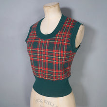 Load image into Gallery viewer, 70s GREEN AND RED FINE KNIT TARTAN TANK TOP / SLEEVELESS JUMPER - S