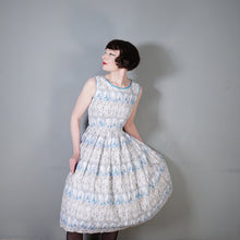 Load image into Gallery viewer, 50s PALE BLUE NOVELTY DRESS IN ROMANTIC LADY AND COURTIER PRINT - XS-S