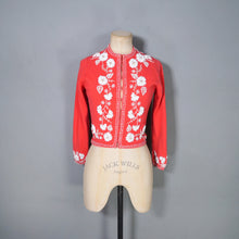 Load image into Gallery viewer, 50s CORAL RED SOFTEST WOOL CARDIGAN WITH WHITE GLASS BEAD EMBELLISHMENT - XS