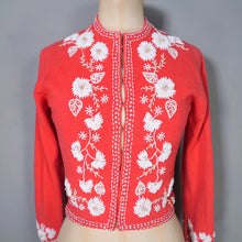 Load image into Gallery viewer, 50s CORAL RED SOFTEST WOOL CARDIGAN WITH WHITE GLASS BEAD EMBELLISHMENT - XS