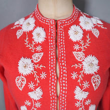Load image into Gallery viewer, 50s CORAL RED SOFTEST WOOL CARDIGAN WITH WHITE GLASS BEAD EMBELLISHMENT - XS