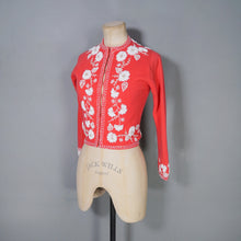 Load image into Gallery viewer, 50s CORAL RED SOFTEST WOOL CARDIGAN WITH WHITE GLASS BEAD EMBELLISHMENT - XS