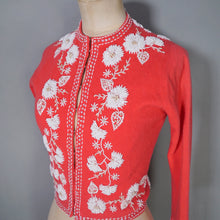 Load image into Gallery viewer, 50s CORAL RED SOFTEST WOOL CARDIGAN WITH WHITE GLASS BEAD EMBELLISHMENT - XS