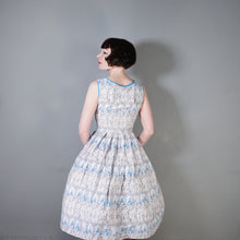 Load image into Gallery viewer, 50s PALE BLUE NOVELTY DRESS IN ROMANTIC LADY AND COURTIER PRINT - XS-S