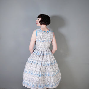 50s PALE BLUE NOVELTY DRESS IN ROMANTIC LADY AND COURTIER PRINT - XS-S