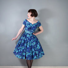 Load image into Gallery viewer, 50s 60s HANDMADE DARK BLUE AND TURQUOISE FLORAL PRINT FULL SKIRTED DRESS - XS-S