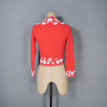 Load image into Gallery viewer, 50s CORAL RED SOFTEST WOOL CARDIGAN WITH WHITE GLASS BEAD EMBELLISHMENT - XS