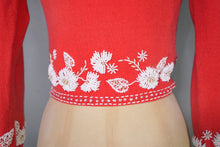 Load image into Gallery viewer, 50s CORAL RED SOFTEST WOOL CARDIGAN WITH WHITE GLASS BEAD EMBELLISHMENT - XS