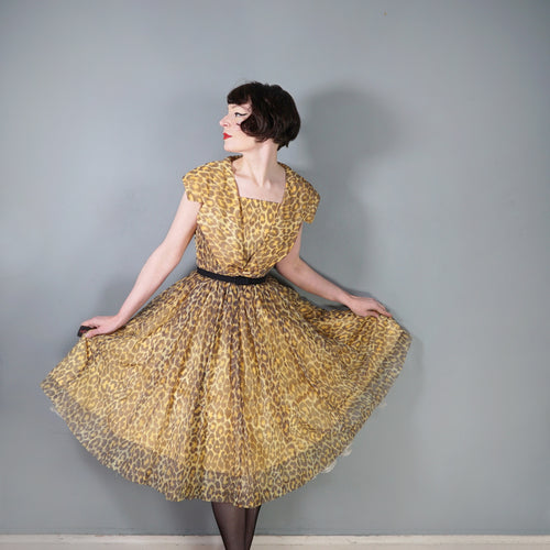 50s LEOPARD ANIMAL PRINT FULL SKIRTED CHIFFON PARTY DRESS WITH BIG COLLAR - XS-S