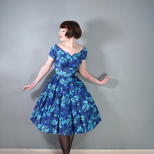 Load image into Gallery viewer, 50s 60s HANDMADE DARK BLUE AND TURQUOISE FLORAL PRINT FULL SKIRTED DRESS - XS-S