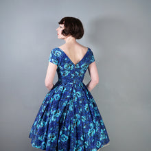 Load image into Gallery viewer, 50s 60s HANDMADE DARK BLUE AND TURQUOISE FLORAL PRINT FULL SKIRTED DRESS - XS-S