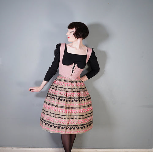 BROWN 50s FULL COTTON SKIRT WITH TROMP L'OEIL POMPOM RIBBON PRINT - 25