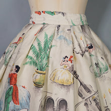 Load image into Gallery viewer, 50s NOVELTY PRINT FAIRYTALE BALL SCENE AND MUSICIANS COTTON FULL SKIRT - 26"