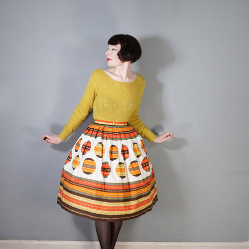 50s 60s ORANGE STRIPE AND BALL PATTERN FULL COTTON SKIRT - 29.5