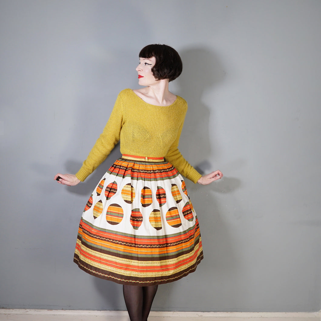 50s 60s ORANGE STRIPE AND BALL PATTERN FULL COTTON SKIRT - 29.5