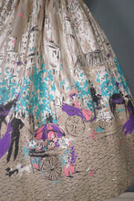 Load image into Gallery viewer, 50s PALE BROWN VICTORIAN STREET SCENE NOVELTY PRINT FULL SKIRT - 25.5"