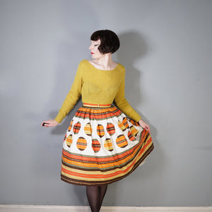 50s 60s ORANGE STRIPE AND BALL PATTERN FULL COTTON SKIRT - 29.5"