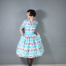Load image into Gallery viewer, 50s LIGHT BLUE STRIPE AND FLORAL PRINT ST MICHAEL POPLIN SHIRT DRESS - S