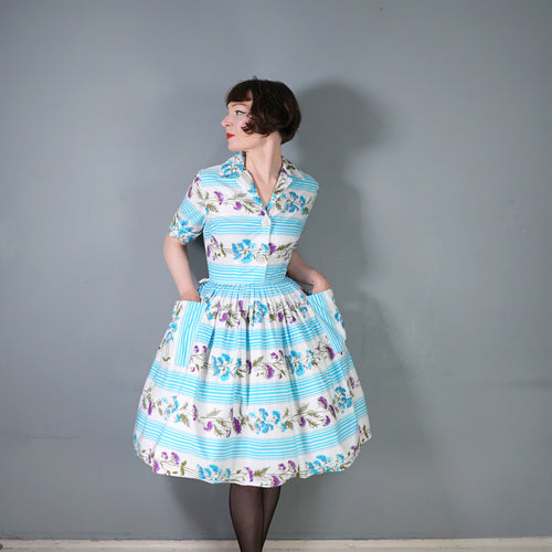 50s LIGHT BLUE STRIPE AND FLORAL PRINT ST MICHAEL POPLIN SHIRT DRESS - S